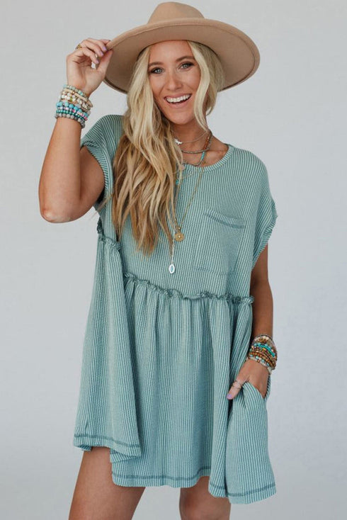 Corded Texture Frill Hem Pocketed Swing Mini Dress